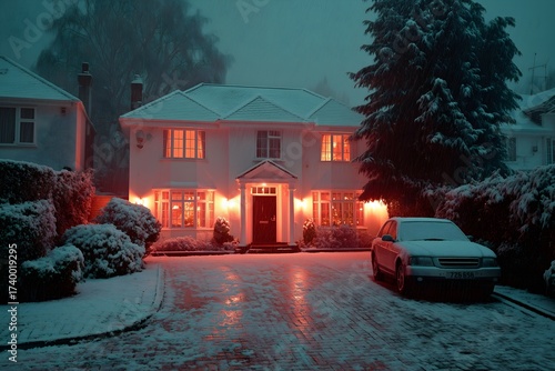 Suburban London home glowing warmly in snowy winter night, evoking cozy cinematic charm