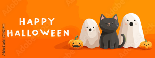 Cute Cartoon Animals Including Ghost and Black Cat Surrounded by Pumpkins for Halloween Celebration