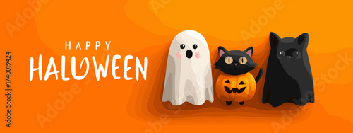 Cute Cartoon Animals Including Ghost and Black Cat Surrounded by Pumpkins for Halloween Celebration
