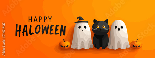 Cute Cartoon Animals Including Ghost and Black Cat Surrounded by Pumpkins for Halloween Celebration