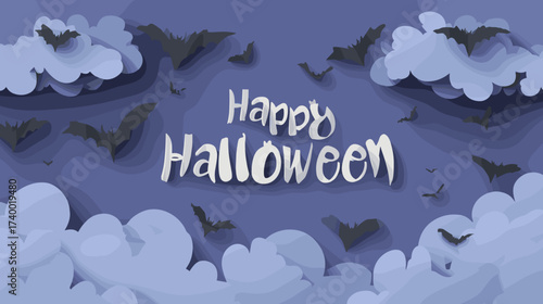 Happy Halloween Text Surrounded by Bats and Clouds in a Spooky Night Sky Illustration