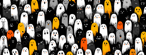 Colorful Cartoon Ghosts Pattern with White and Orange Spirits in a Playful Halloween Theme