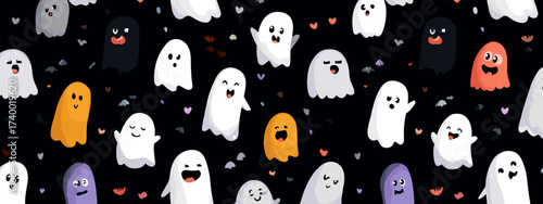 Colorful Cartoon Ghosts Pattern with White and Orange Spirits in a Playful Halloween Theme