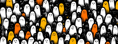 Colorful Cartoon Ghosts Pattern with White and Orange Spirits in a Playful Halloween Theme