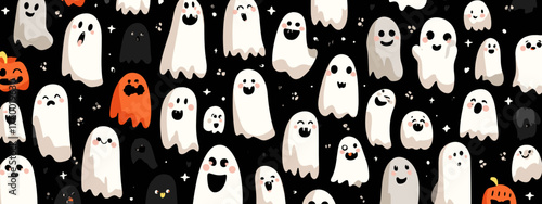 Colorful Cartoon Ghosts Pattern with White and Orange Spirits in a Playful Halloween Theme
