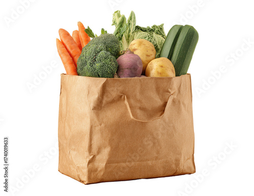 A brown paper grocery bag filled with assorted fresh vegetables.  Carrots, broccoli, zucchini, potatoes, and a beet are visible.  Natural light illuminates the contents