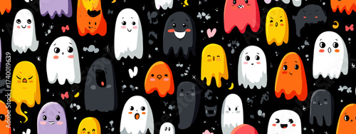 Colorful Cartoon Ghosts Pattern with White and Orange Spirits in a Playful Halloween Theme