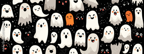 Colorful Cartoon Ghosts Pattern with White and Orange Spirits in a Playful Halloween Theme