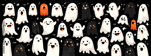 Colorful Cartoon Ghosts Pattern with White and Orange Spirits in a Playful Halloween Theme