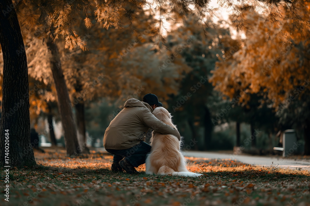 Fototapeta premium Man embracing golden retriever dog in autumn park setting 