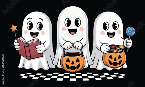 Friendly Halloween Ghosts with Treats and Magic 