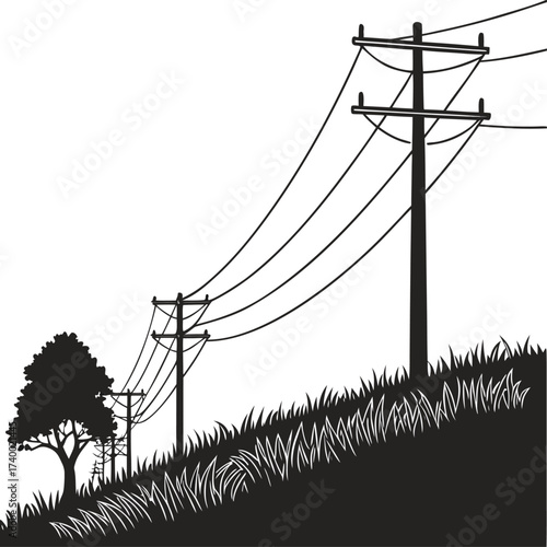 Utility Poles with Power Lines Vector Illustration, Electrical Infrastructure Silhouette, Linear Perspective, Grass Landscape, Energy Transmission Concept for Engineering and Urban Design silhouette