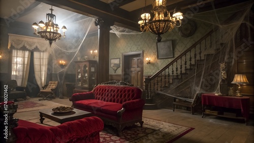 Spooky Victorian-style living room with cobwebs and red velvet furniture. Haunted house interior.