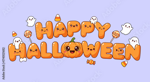 Spooky Kawaii Halloween A cute illustration depicting a whimsical Halloween scene with grinning pumpkins, adorable ghosts, and delightful candies in cheerful and festive ambiance.
