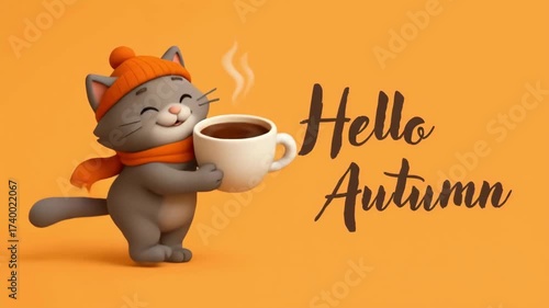 Cute Cartoon Cat Walking with a Steaming Cup of Coffee and the Words Hello Autumn