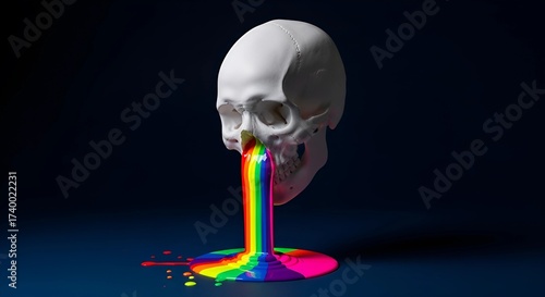 Conceptual Artwork A Human Skull Spewing a Vibrant Rainbow of Paint, Symbolizing Artistic Expression, Creativity, and the Cycle of Life and Death