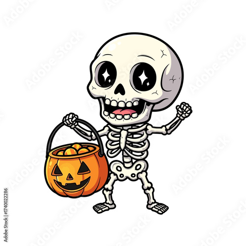 Halloween Skeleton Delight A cheerful skeleton cartoon, radiating Halloween spirit, joyfully carries a pumpkin bucket filled with treats. It's a vibrant, festive illustration.