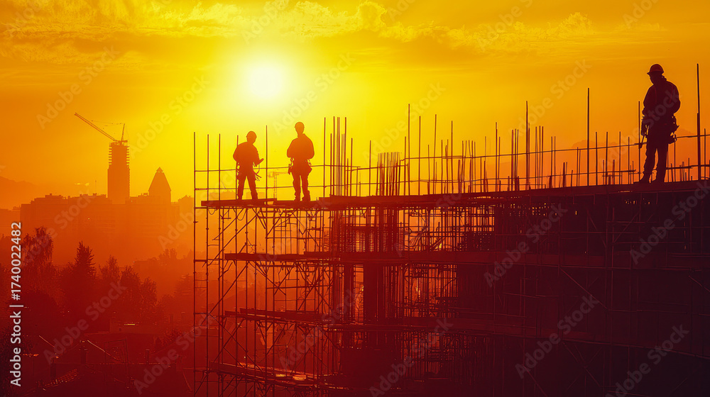 Fototapeta premium Construction workers on high-rise structure in Santiago during sunset