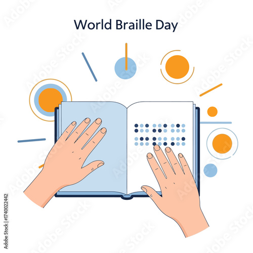 World Braille Day Illustration Depicting the essence of World Braille Day, a pair of hands meticulously read a braille book, illustrating inclusivity and the beauty of accessible literature. 