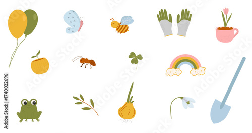 Set of spring season gardening objects and flowers. Vector design element for greeting and advertising products.
