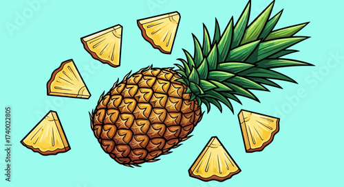 Tropical Temptation A meticulously crafted illustration of a vibrant pineapple and its succulent slices, perfectly capturing the essence of freshness and tropical delight.