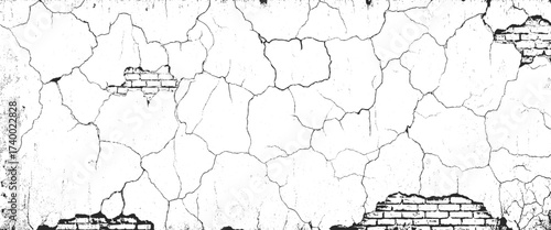 Sketch crack texture. Ground cracks, breaks on land surface from earthquake. Grunge and distressed effect. Black and white brick wall background. vector crack old wall background.