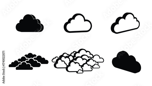 Angled 3D black  silhouette vector illustration of a cloud icon for online storage, backup, syncing, and modern network connectivity in minimal geometric style”