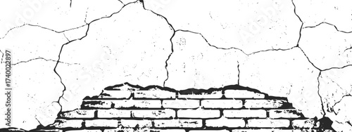 Sketch crack texture. Ground cracks, breaks on land surface from earthquake. Grunge and distressed effect. Black and white brick wall background. vector crack old wall background.