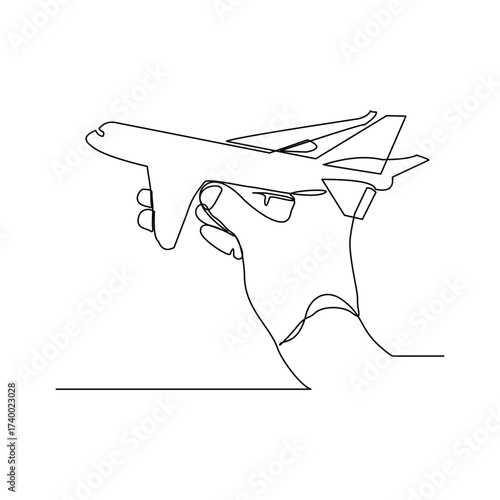 Continuous line of hand holding airplane toy miniature aircraft modeling. Single line sketch drawing editable stroke remote control plane vector illustration