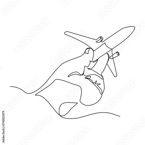 Continuous line of hand holding airplane toy miniature aircraft modeling. Single line sketch drawing editable stroke remote control plane vector illustration