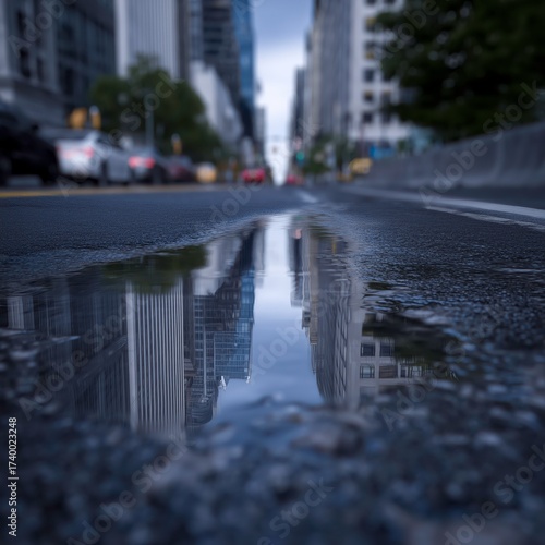 Skyscraper Reflection in Puddle Water Urban City Street Ground Abstract Modern