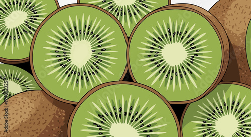 Vibrant Kiwi Display: A close-up view showcasing the refreshing allure of perfectly sliced kiwi fruits, with their emerald flesh and distinctive black seeds, promising a burst of tropical flavor.