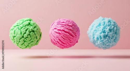 Three Colorful Ice Cream Scoops A Refreshing Summer Treat on a Pastel Pink Background