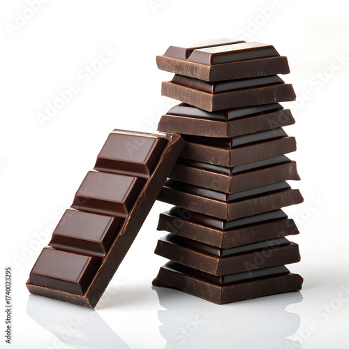 A close-up of a dark chocolate bar stack with scattered pieces on a white background, emphasizing the delicious sweet brown snack