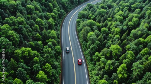 Two cars driving on a tree-lined road from an aerial perspective.