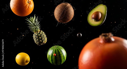 A surreal explosion of colorful and healthy tropical fruits levitating in the dark abyss of outer space