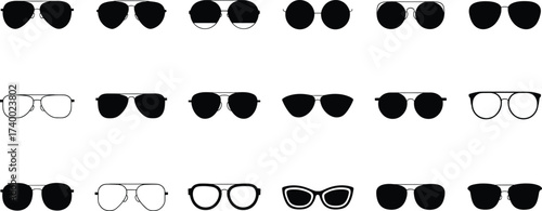 Collection of stylish black silhouette sunglasses icons set, isolated eyewear shapes, modern fashion glasses, aviator frames, round glasses, retro eyewear vector illustration