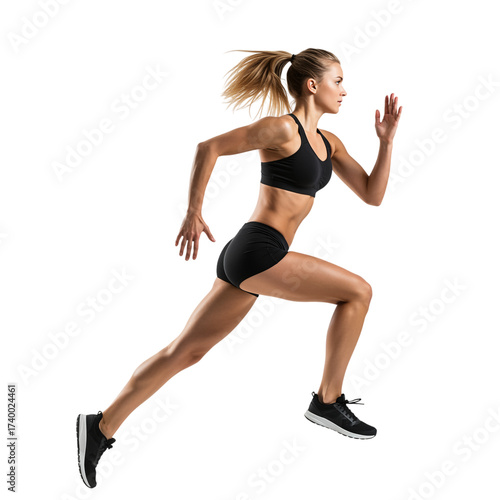 Woman running in black athletic wear isolated on a transparent background