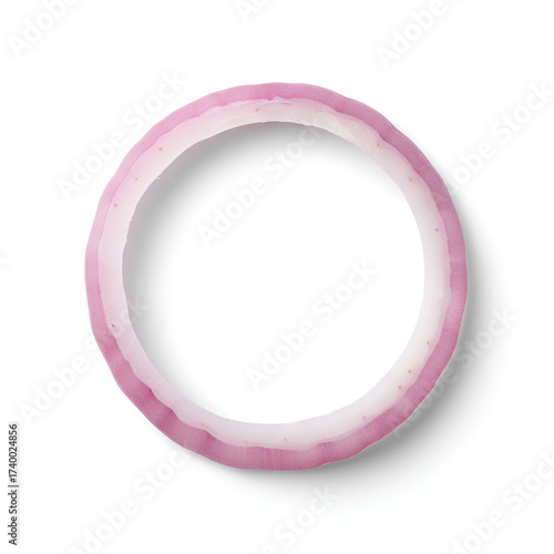 ultra realistic top view of a single raw pink onion ring isolated on pure white background showing natural layers and texture