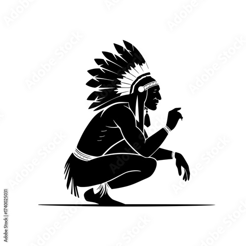 Striking monochrome silhouette showcasing Native American heritage with traditional headdress design