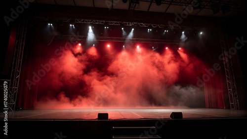 Dramatic dark stage with red fog. spotlights. Eerie spooky atmosphere. Perfect background concert.
