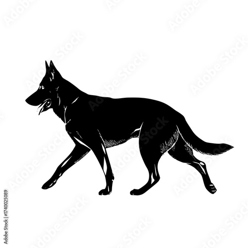 Elegant black silhouette of a Belgian Malinois dog walking confidently with determined movement and grace
