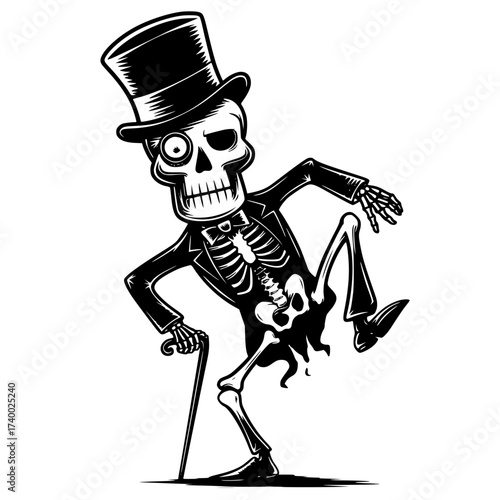 Humorous skeleton dandy dancing with cane, top hat, and monocle, perfect for Halloween designs