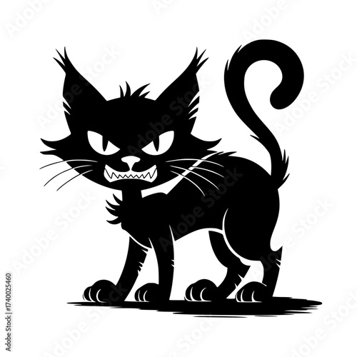 Spooky black cat with arched back and sharp teeth, a classic Halloween design element for decorations