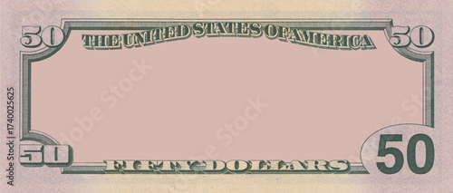 Blank guilloche note. Game US 50 dollars bill. Frame sample, modern paper game money of United States of America. Empty. Reverse of banknote denomination fifty. Template of illustration