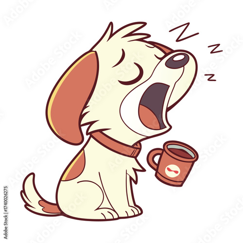 Cartoon Dog Yawning with Tiny Coffee Cup Illustration