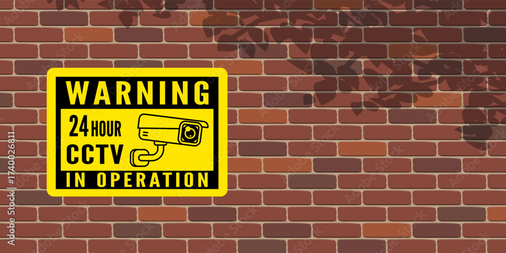 Fototapeta premium cctv in operation video surveillance yellow sign on brick wall vector illustration
