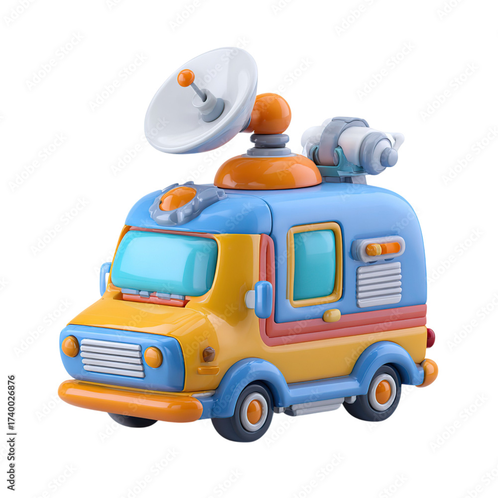 Naklejka premium Cartoon Media Truck with Satellite Dish, Broadcasting, and News Van 3D Render.