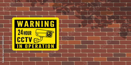 cctv in operation video surveillance yellow sign on brick wall vector illustration