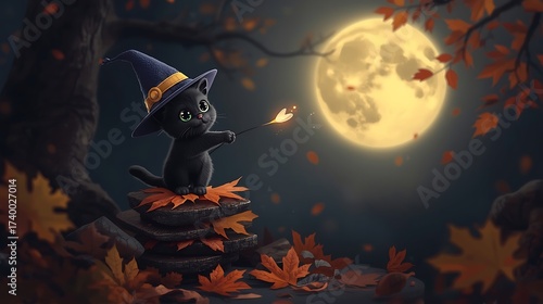 a cute cartoon black cat wearing a black wizard hat with fullmoon background